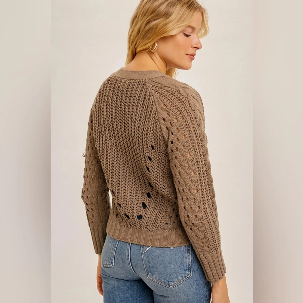 NWT Hem & Thread Pointelle V-Neck Button Down Cropped Cardigan - Picture 4 of 17